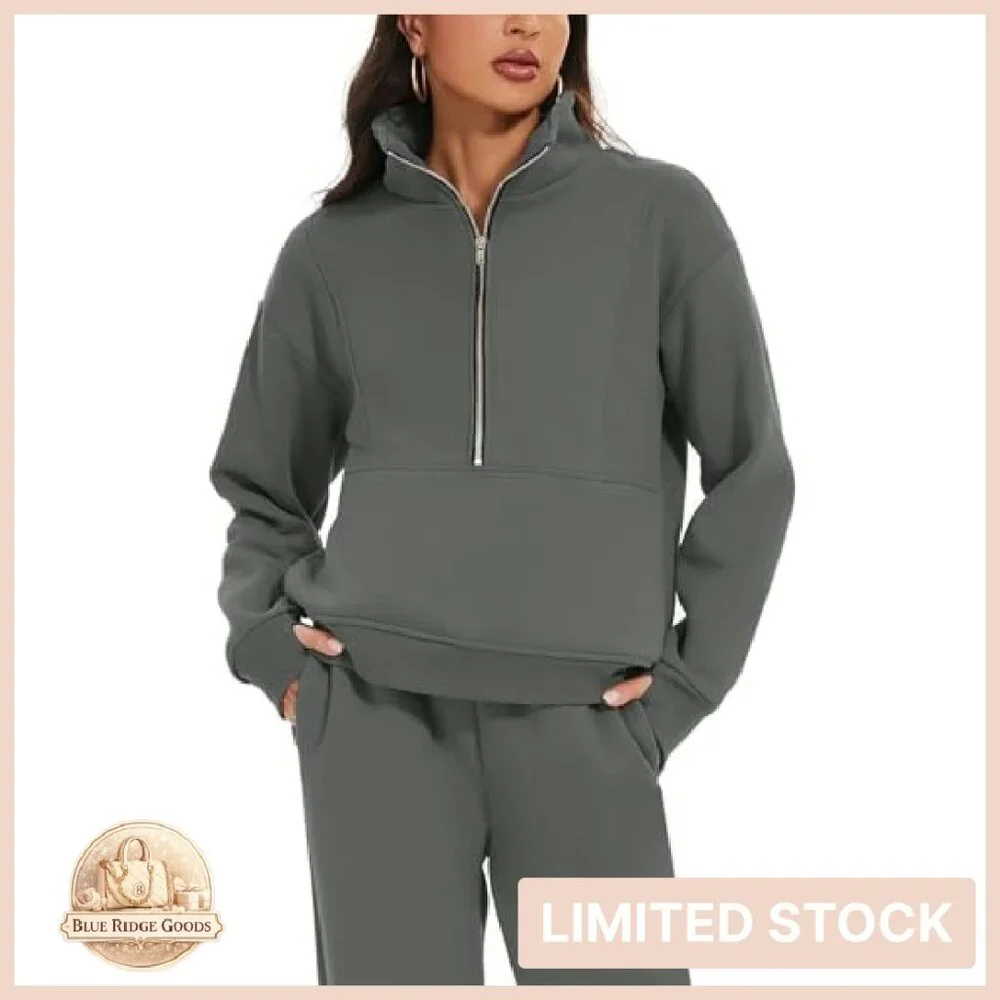 Fleece Half Zip Pullover Lounge Set Oversized Comfy Y2K Chic Sweatsuit - Picture 3 of 8